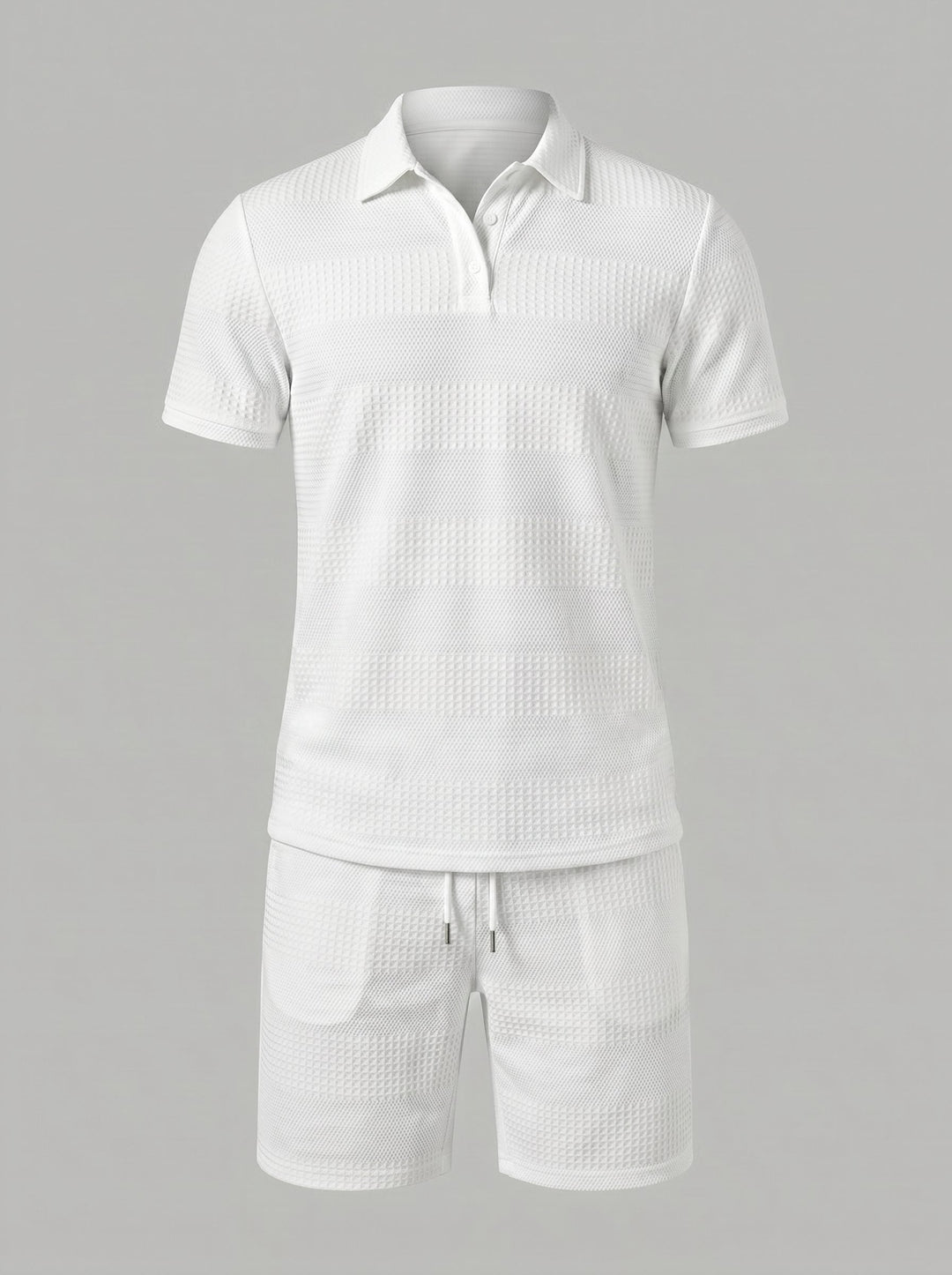 Comfortable men's two-piece textured polo shirt and shorts set. Ideal for summer fashion.