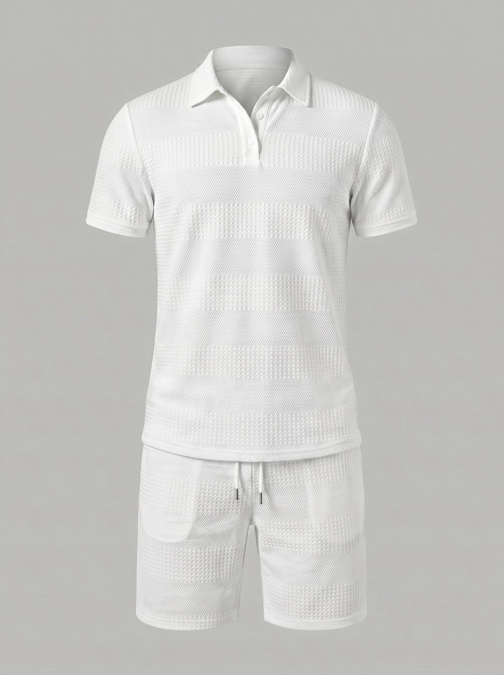 Comfortable men's two-piece textured polo shirt and shorts set. Ideal for summer fashion.