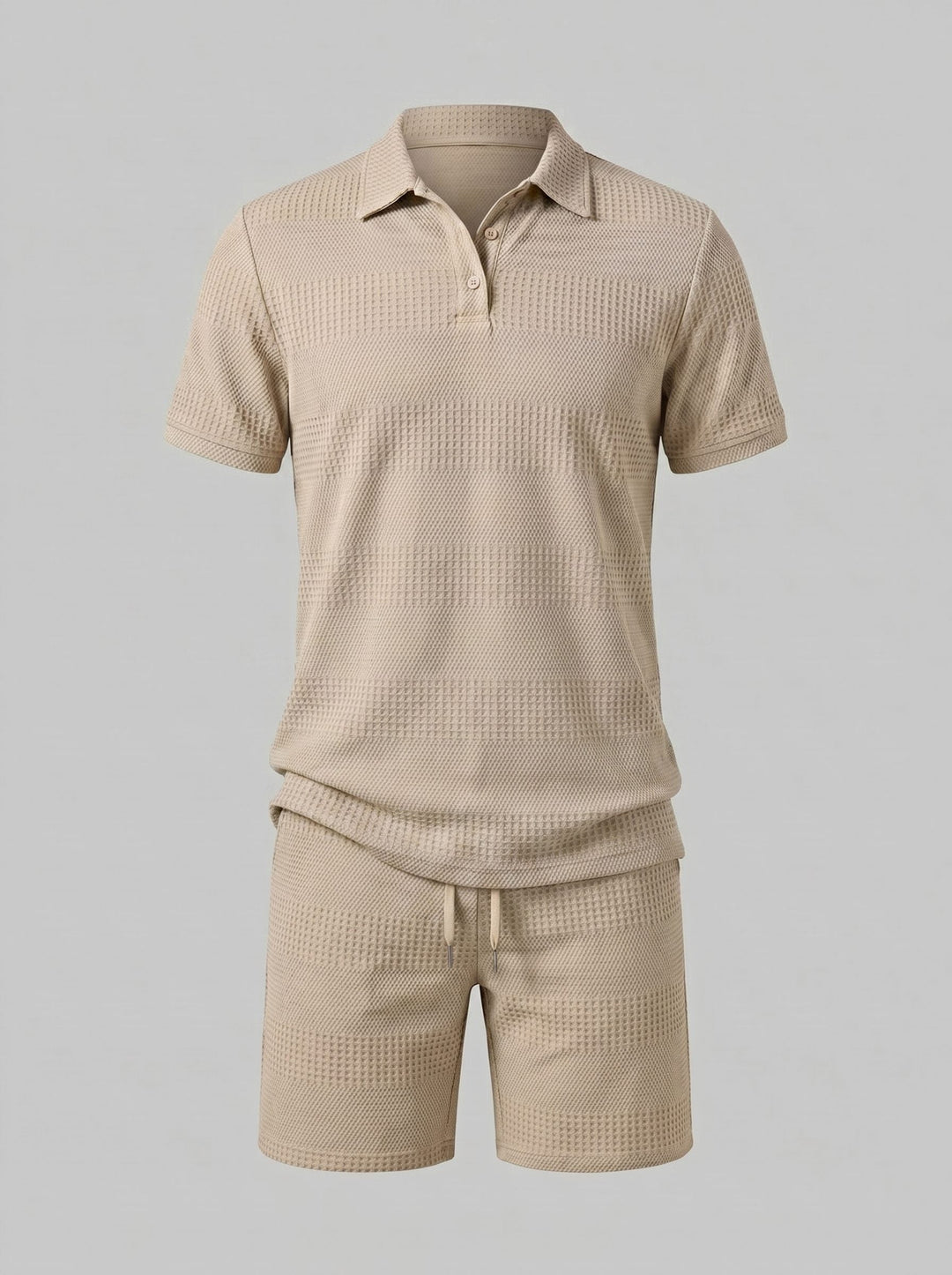 Versatile men's coordinated textured polo and shorts set for summer casual wear.