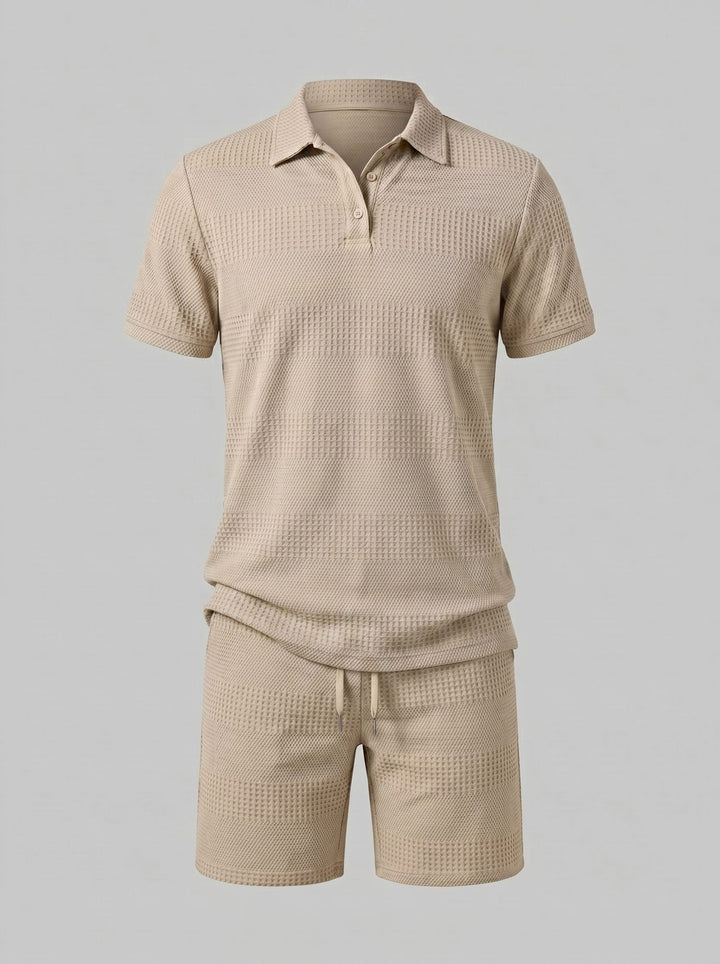Versatile men's coordinated textured polo and shorts set for summer casual wear.