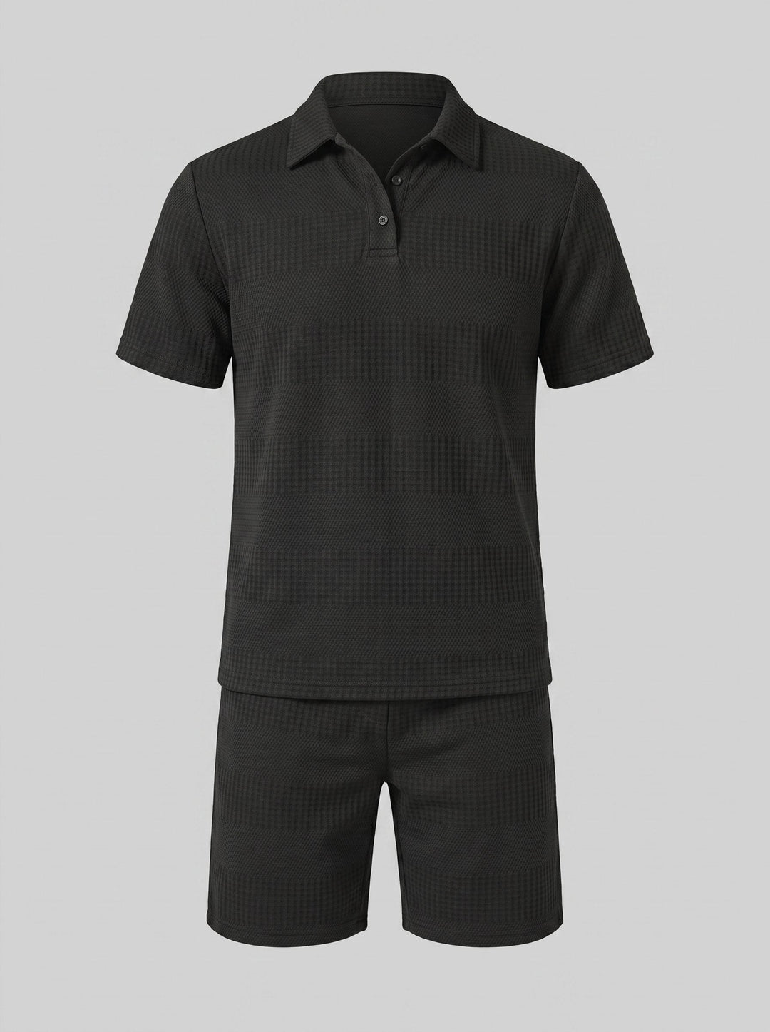 Men's summer wardrobe essential: Textured polo & shorts set. Comfortable and chic.