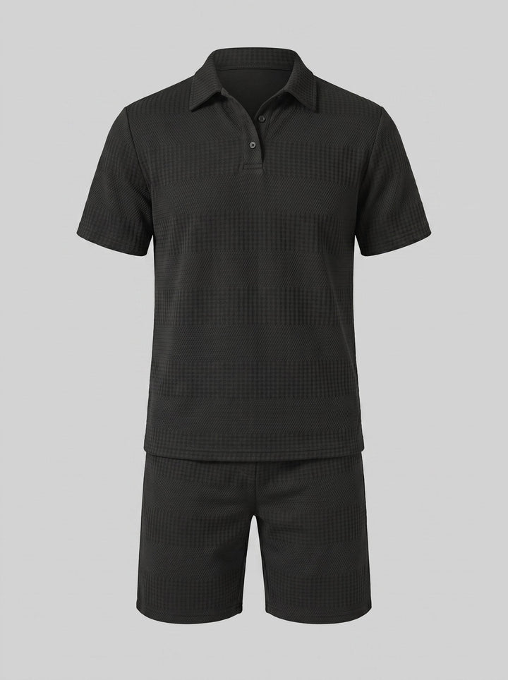 Men's summer wardrobe essential: Textured polo & shorts set. Comfortable and chic.