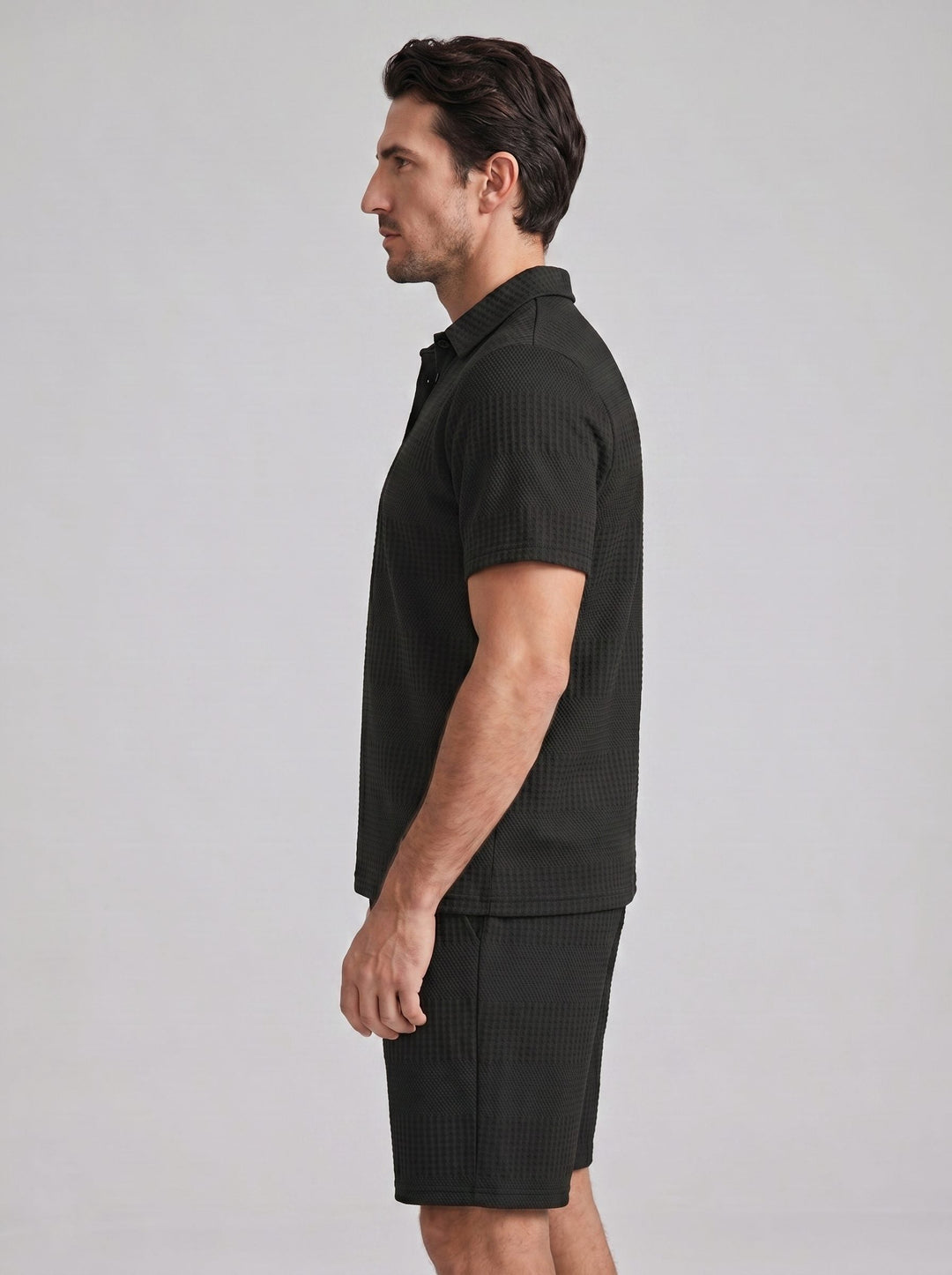 Men's knitwear: Textured polo shirt and shorts set. Soft, breathable summer fabric.