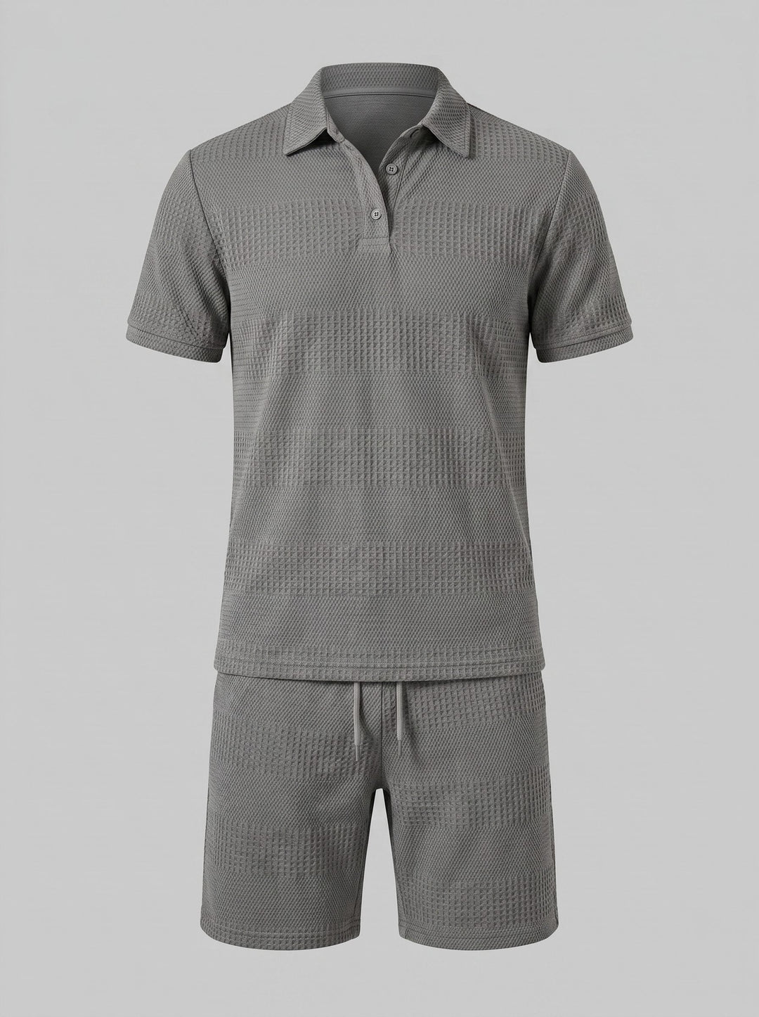 Men's textured knit polo shirt and short set. Modern menswear for casual summer style.