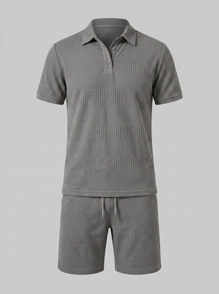 Men's textured knit polo shirt and short set. Modern menswear for casual summer style.