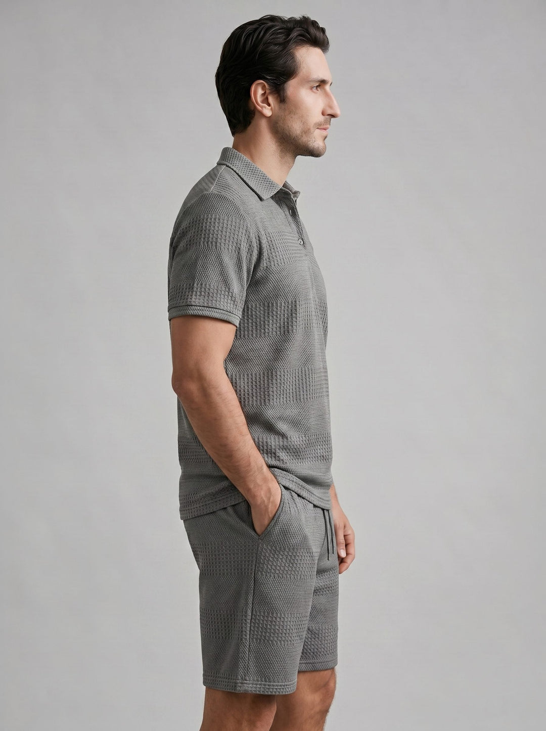Men's casual textured polo & shorts set. A stylish two-piece for relaxed summer days.