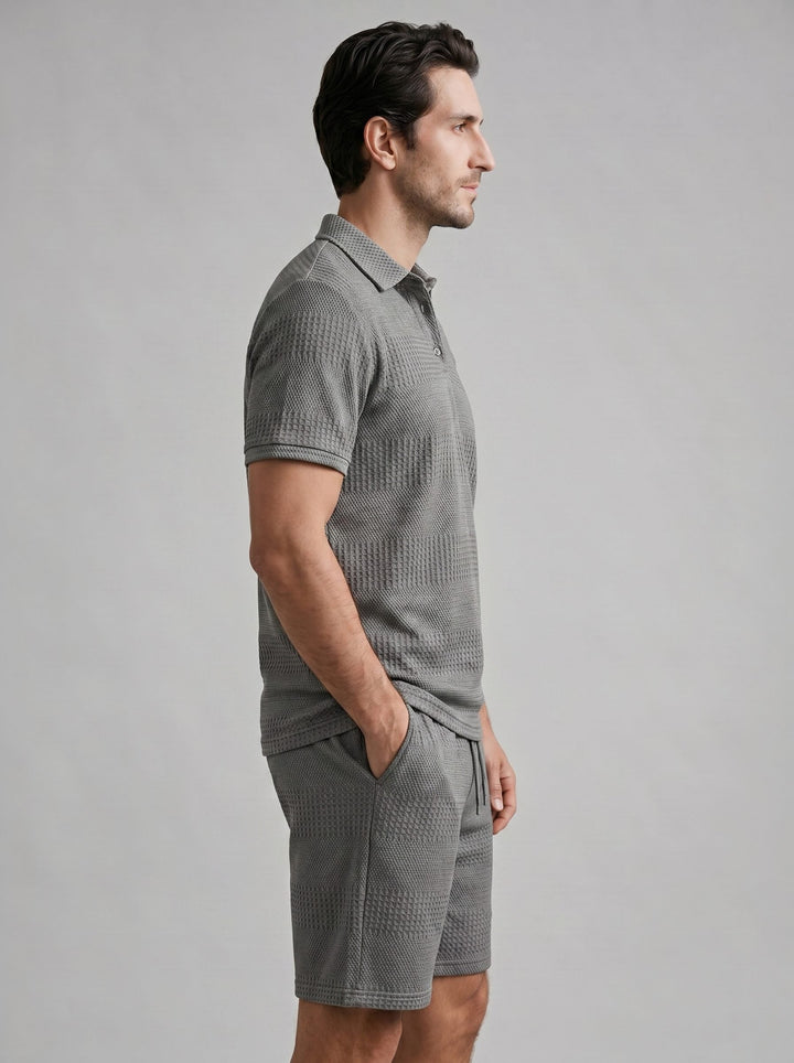 Men's casual textured polo & shorts set. A stylish two-piece for relaxed summer days.