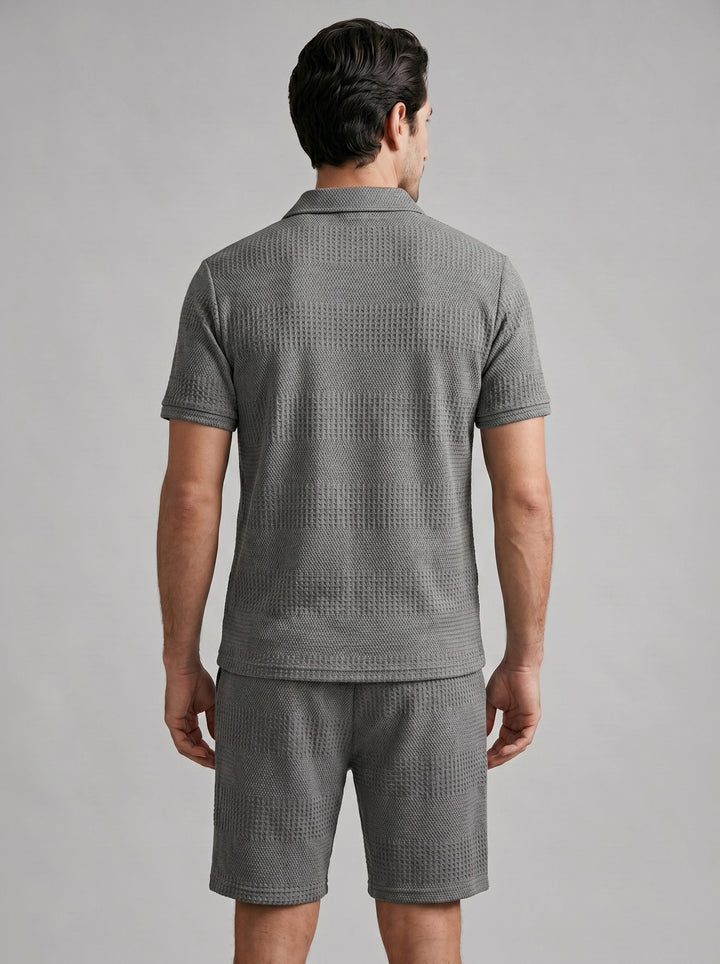 Textured knit men's polo shirt and matching shorts. Ultimate summer comfort & style.