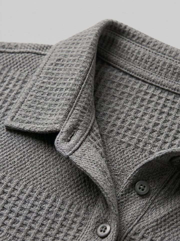 Men's relaxed fit textured polo shirt & shorts set in a neutral tone for summer.