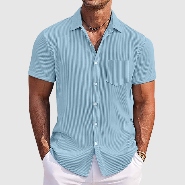 Men's textured short sleeve button-front shirt in a casual summer style.