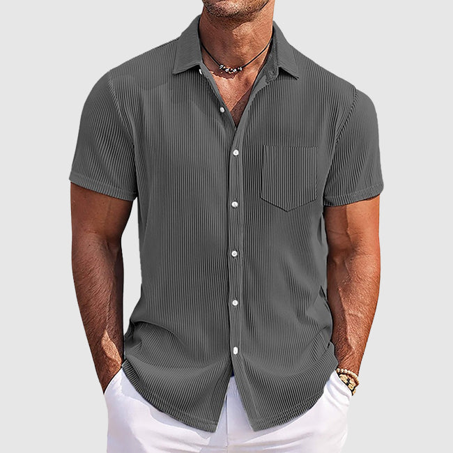 Men's smart casual top: short sleeve button-front in a textured fabric.