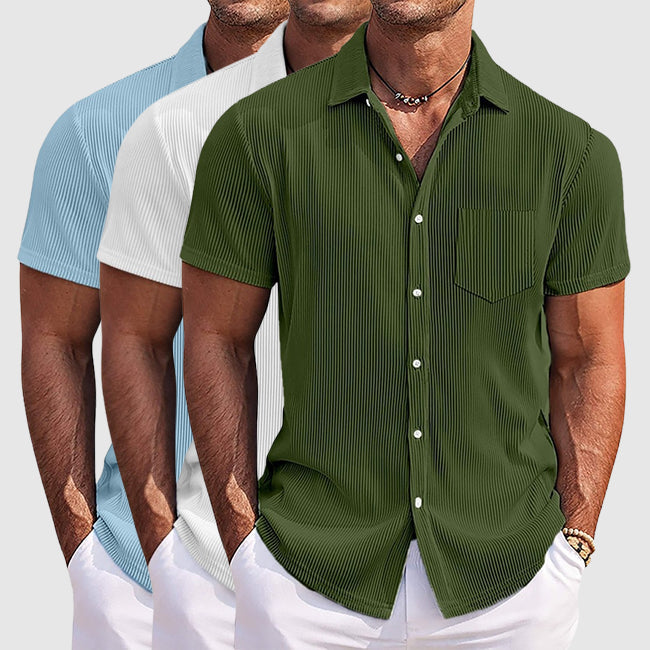 Versatile men's short sleeve shirt, button-front style, textured for added detail.