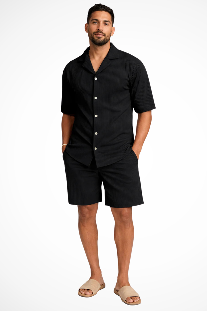 Men's textured short sleeve shirt and matching shorts co-ord set for summer casual wear.