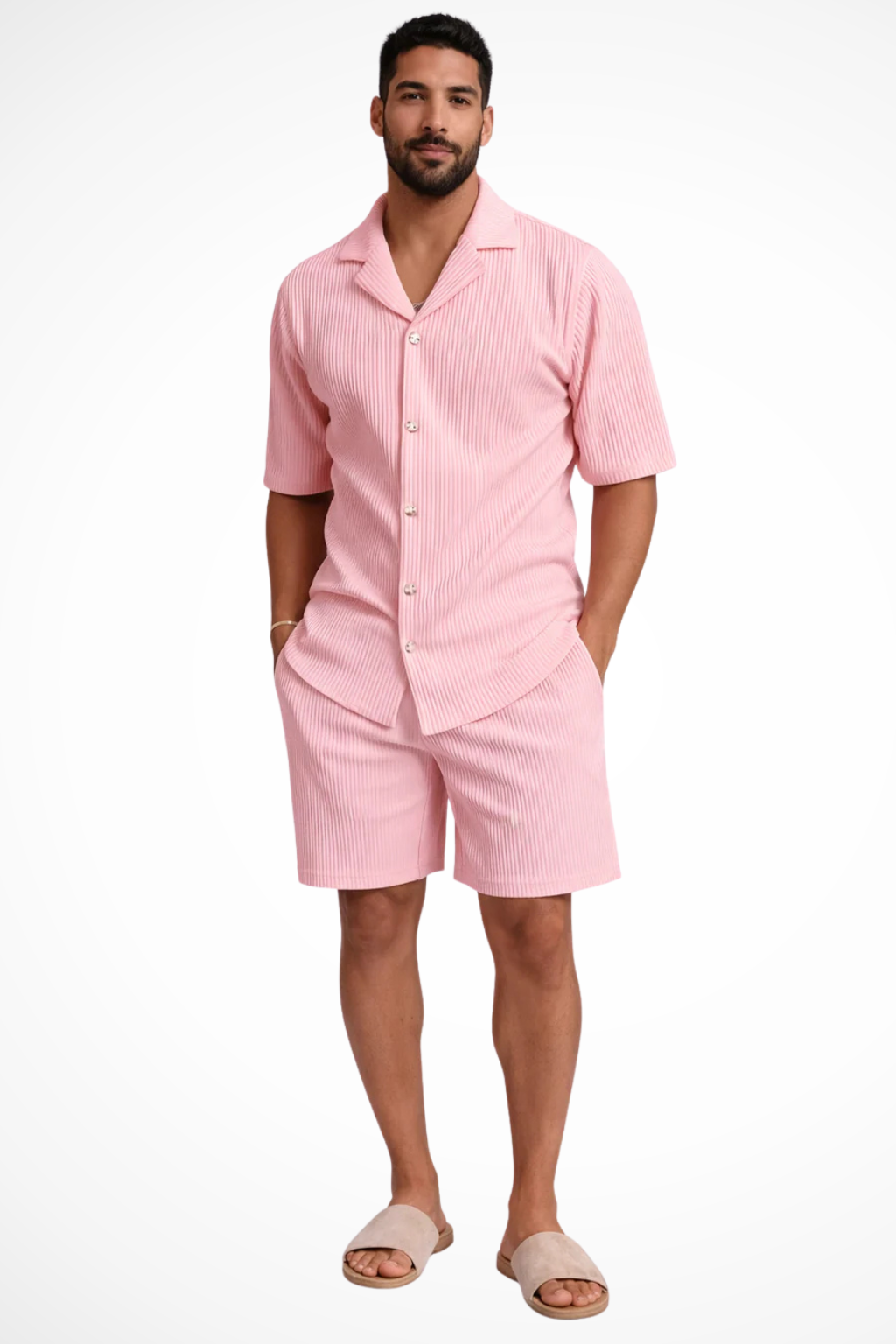 Casual men's textured short sleeve shirt & shorts summer set, perfect for beach or vacation.