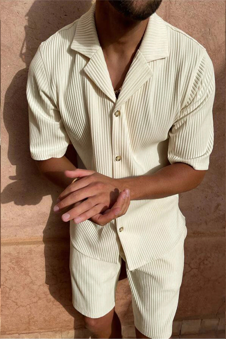 Men's comfortable textured summer outfit, featuring a short sleeve shirt and easy-wear matching shorts.