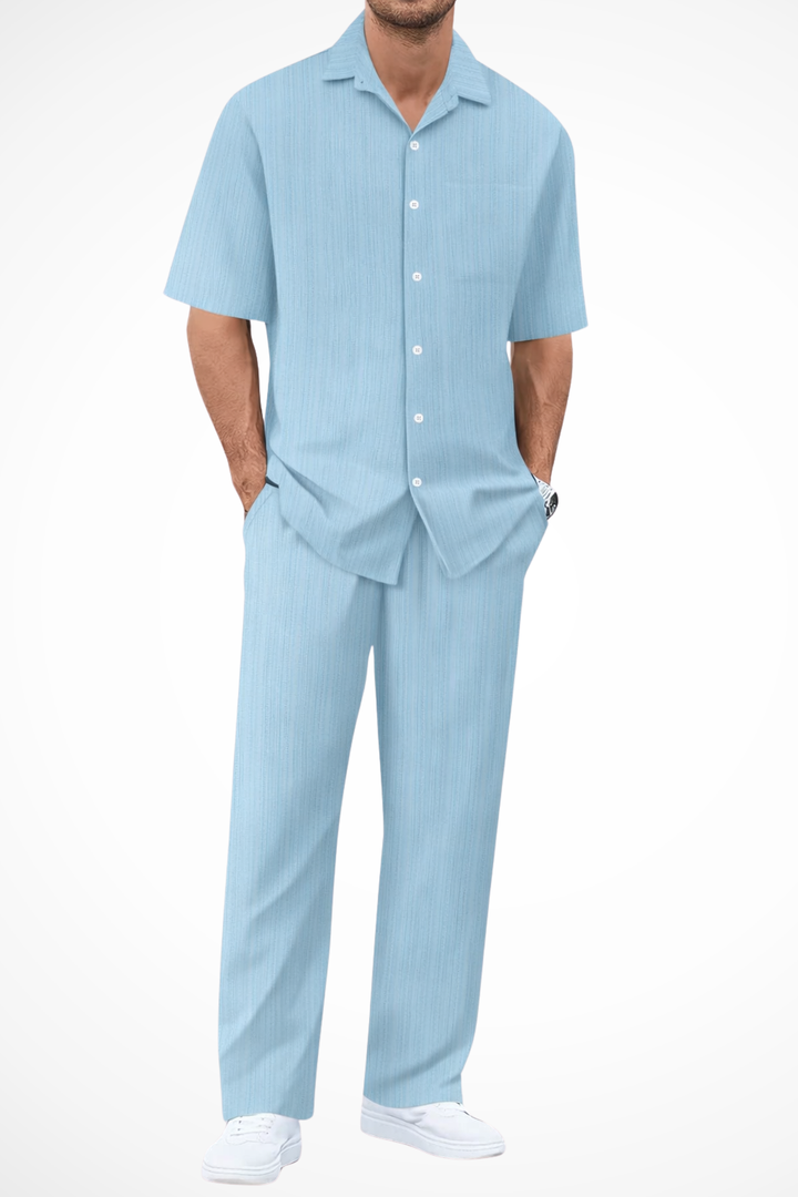 Men's textured short sleeve shirt and trouser set for warm weather