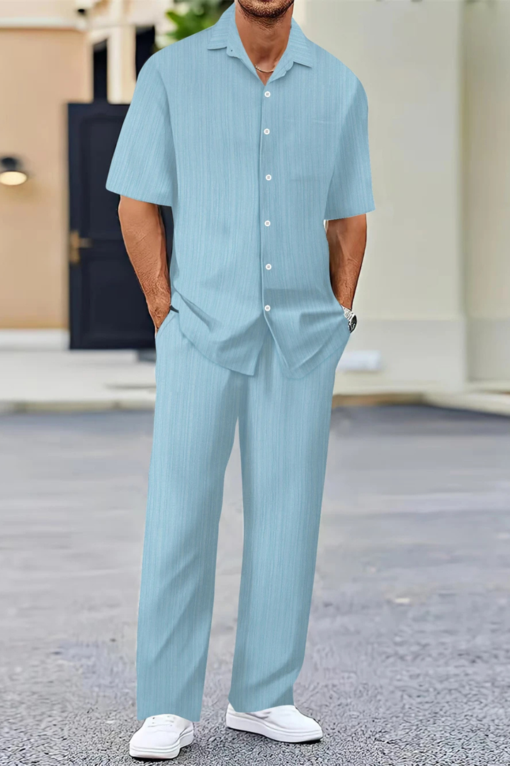 Complete men's casual outfit: textured shirt and straight leg trousers