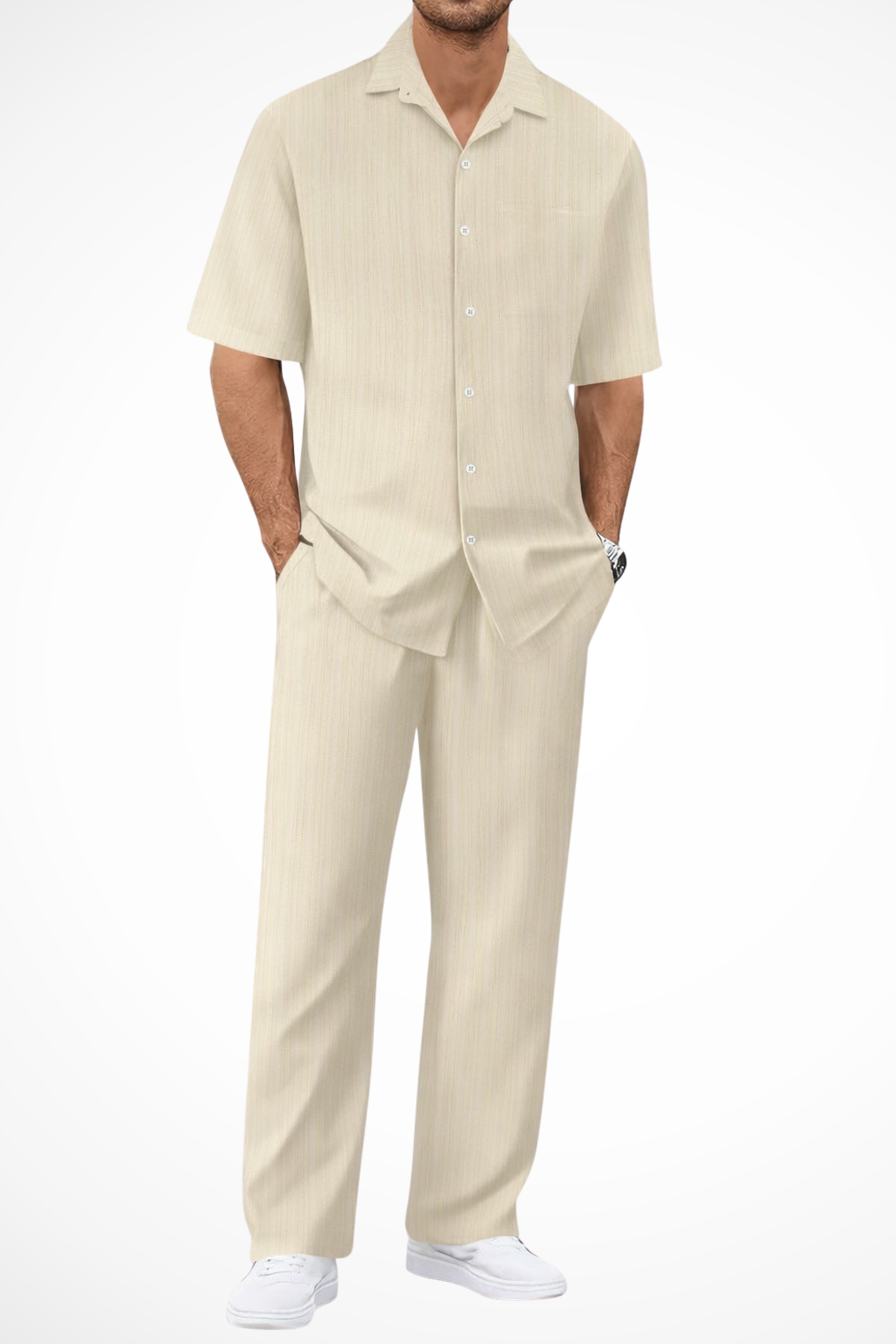 Summer style for men: short sleeve textured shirt paired with trousers