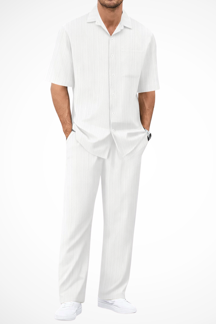 Close-up of men's textured short sleeve shirt fabric detail, summer fashion