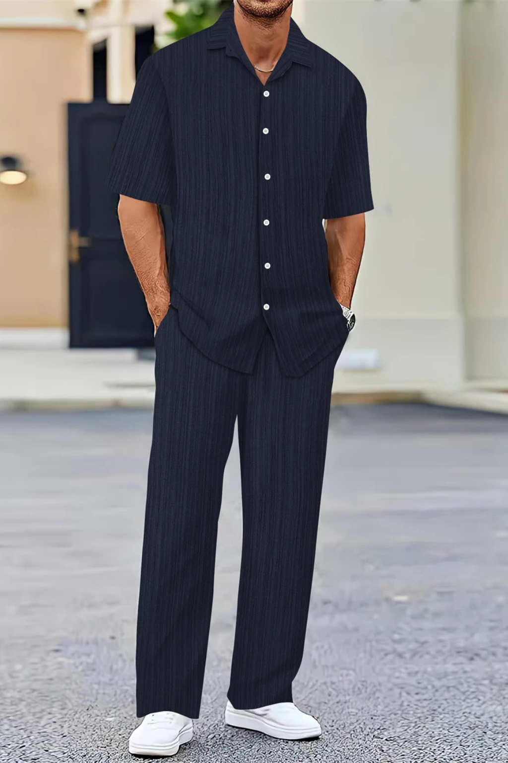 Button-front men's textured short sleeve shirt, part of summer set