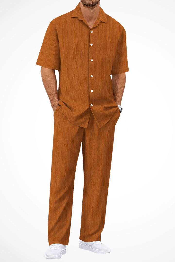 Men's summer fashion: textured short sleeve shirt and matching trousers