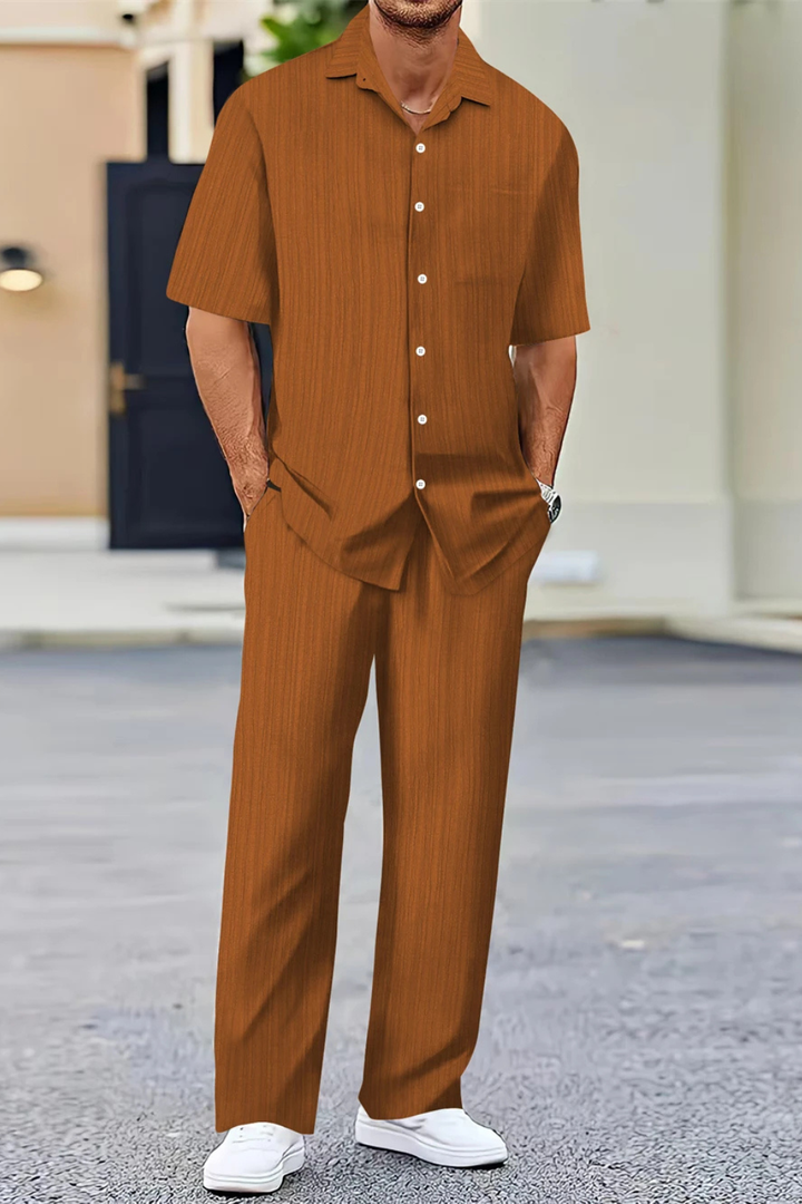 Full view of men's two-piece summer set with textured shirt and trousers