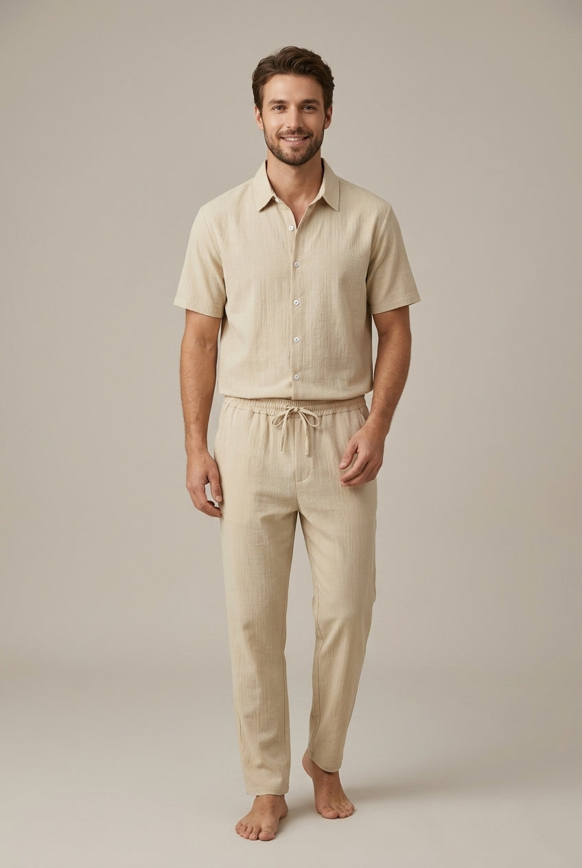 Men's textured short sleeve shirt & drawstring trousers set. Comfortable, smart casual two-piece summer outfit.