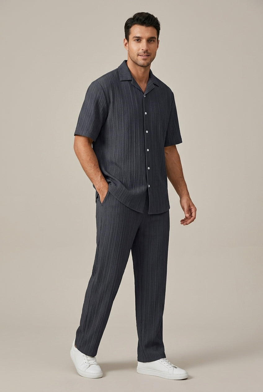 Front view of men's textured short sleeve shirt & drawstring trousers set. Stylish & comfortable everyday two-piece outfit.