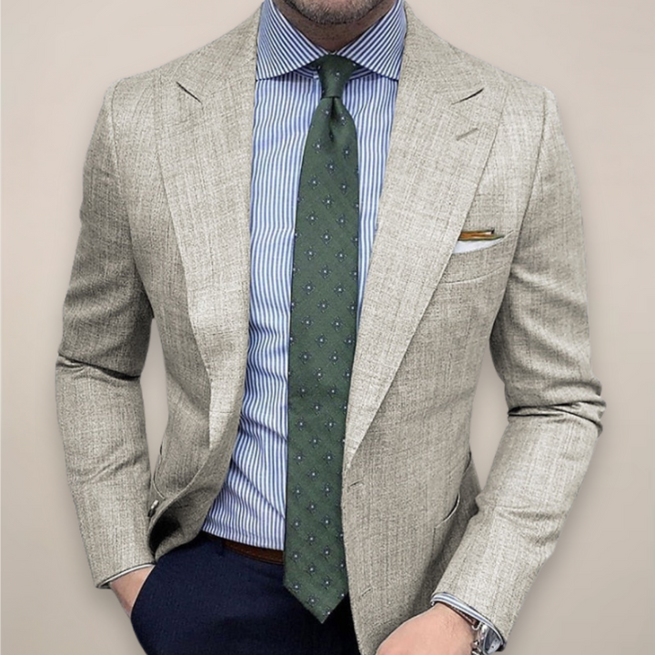 Men's textured tailored blazer jacket for spring. Lightweight, modern smart casual style, perfect for business or everyday.