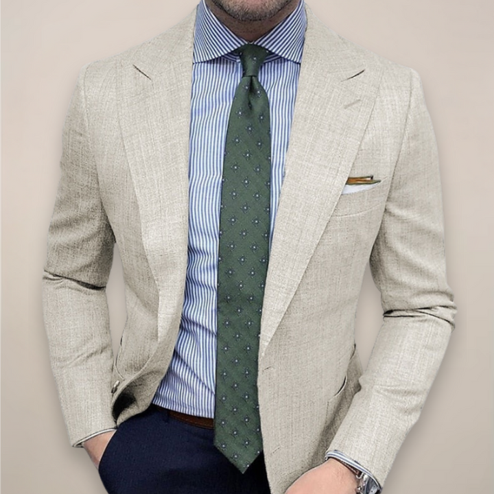 Versatile men's tailored blazer jacket in a modern textured fabric. Perfect for spring smart casual fashion.