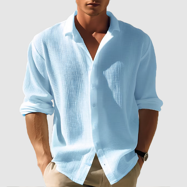Men's textured weave button-down shirt with a spread collar & long sleeves, ideal for smart casual everyday style.
