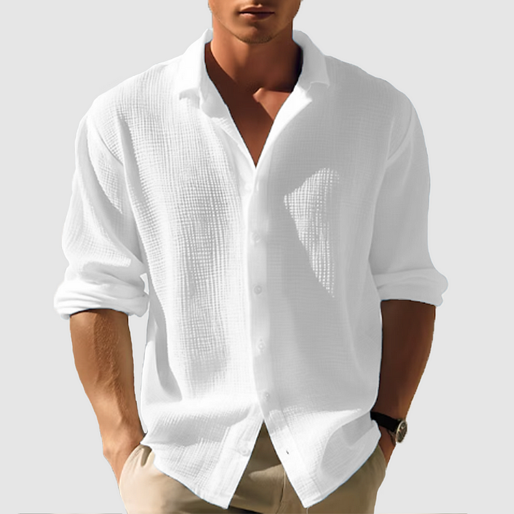 Close-up of a men's long sleeve button-down shirt, showcasing the unique textured weave & classic spread collar.