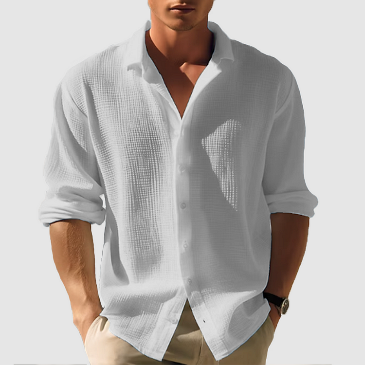Back view of a men's comfortable long sleeve button-down shirt, featuring a textured weave for versatile men's fashion.