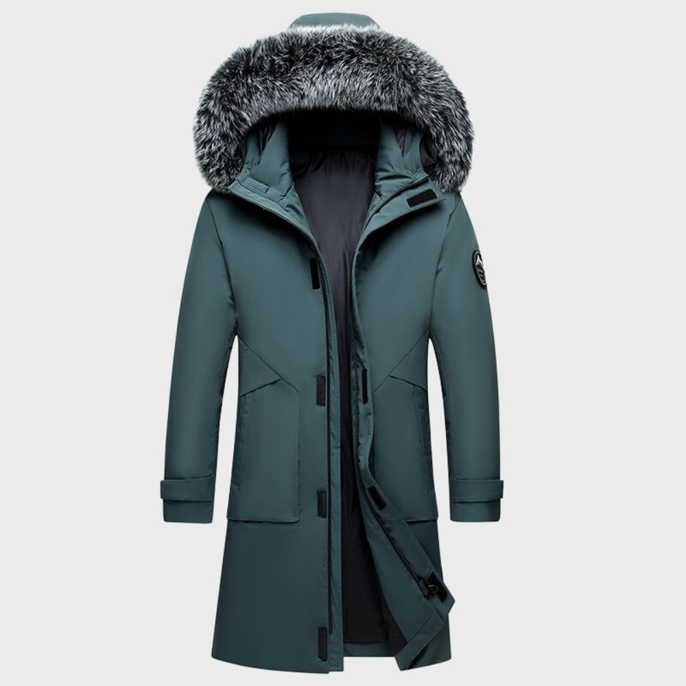 Men's thermal waterproof winter jacket in blue, front view. Insulated for cold weather outdoor apparel.