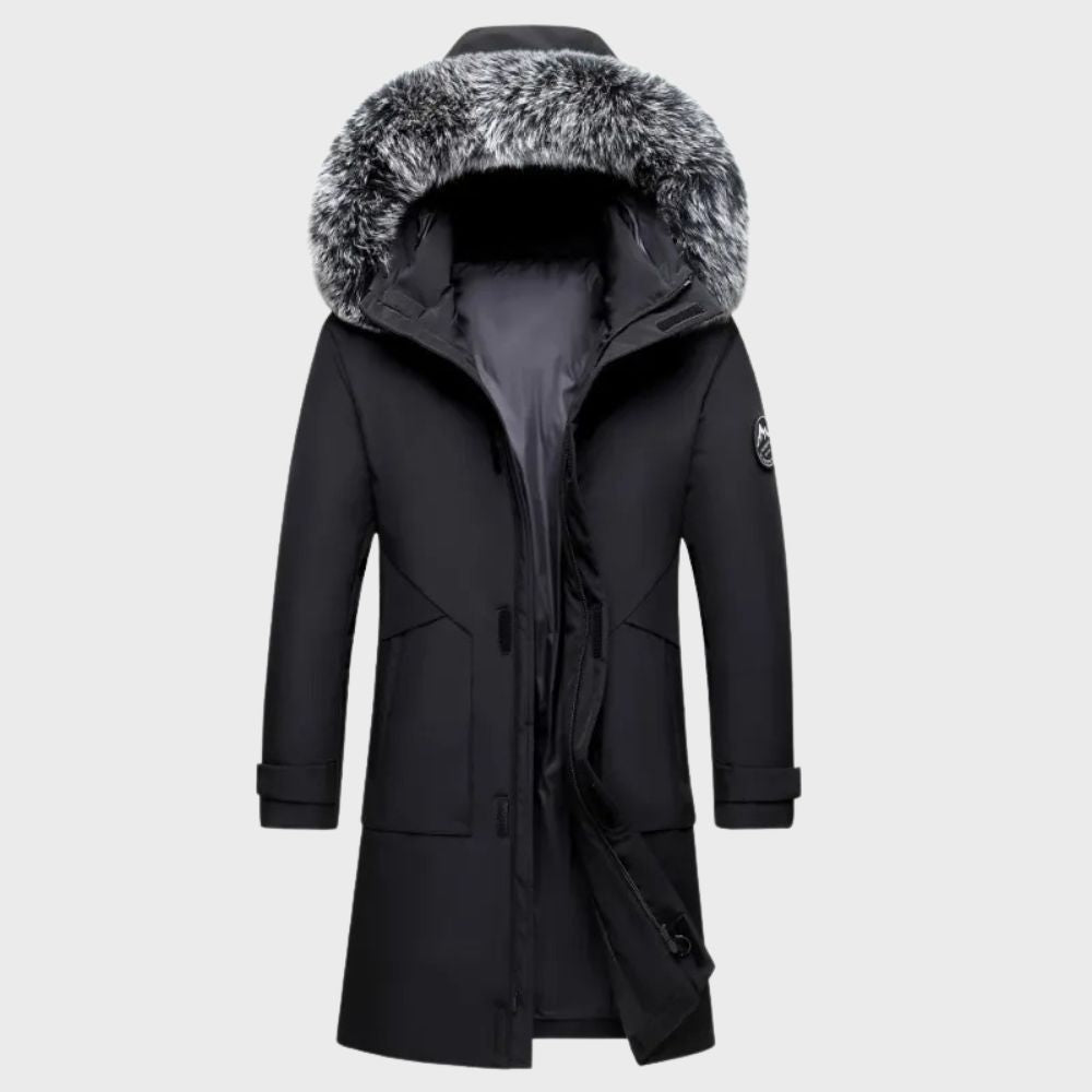 Men's insulated winter coat, side view. Windproof & waterproof outerwear perfect for cold weather activities.