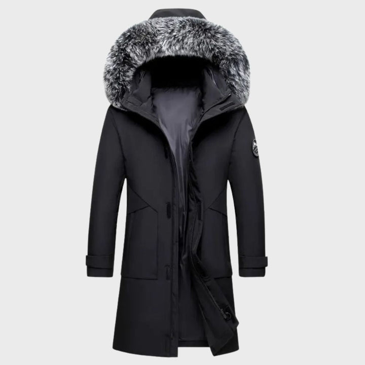 Men's insulated winter coat, side view. Windproof & waterproof outerwear perfect for cold weather activities.