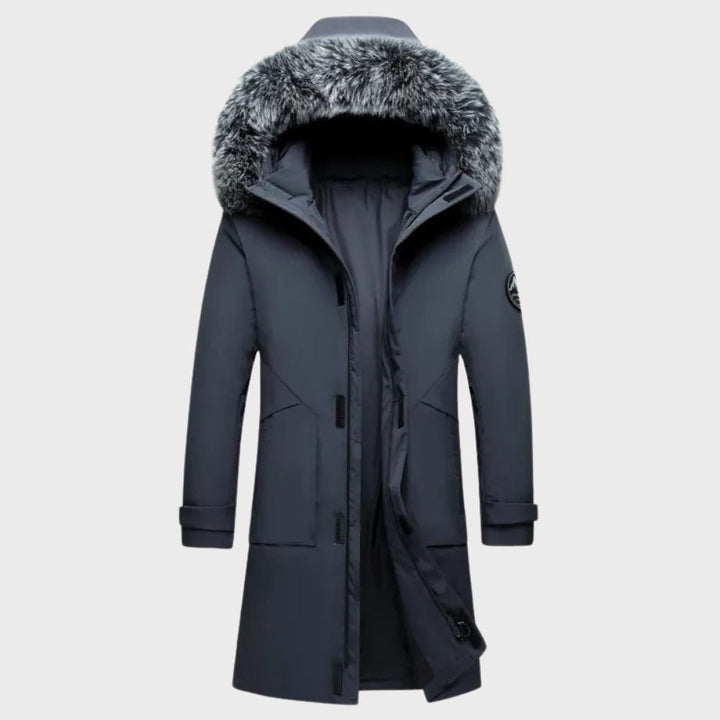 Close-up of durable fabric & waterproof zipper on men's thermal winter jacket. Ideal for outdoor adventures.