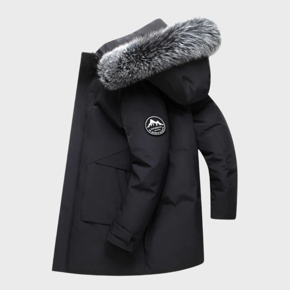 Back view of a men's thermal insulated winter coat, featuring reflective details for outdoor visibility.