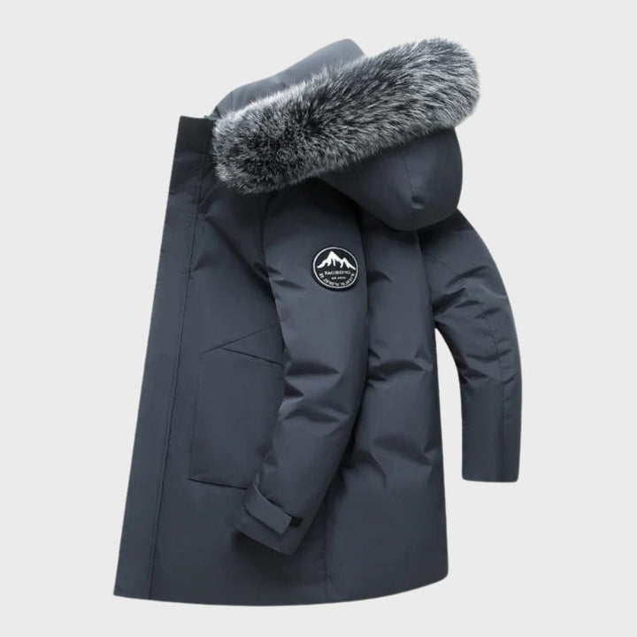 Interior shot of the men's winter jacket showing soft thermal lining, ensuring warmth & comfort in cold weather.