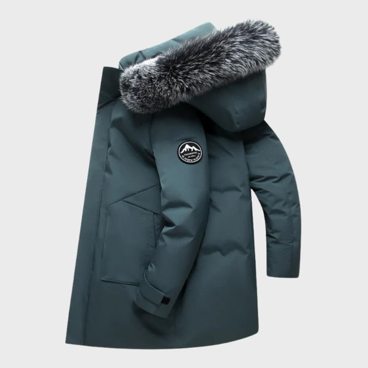 Men's waterproof winter jacket with adjustable hood & multiple pockets, essential cold weather outerwear.