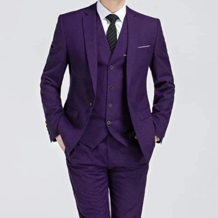 Men's three-piece formal suit in classic style with tailored fit waistcoat.