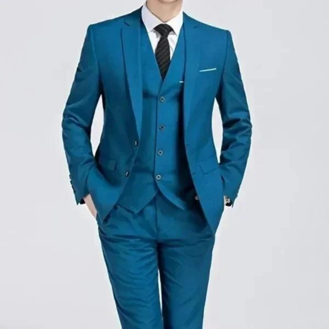 Tailored fit men's formal suit, featuring a stylish waistcoat for spring fashion.