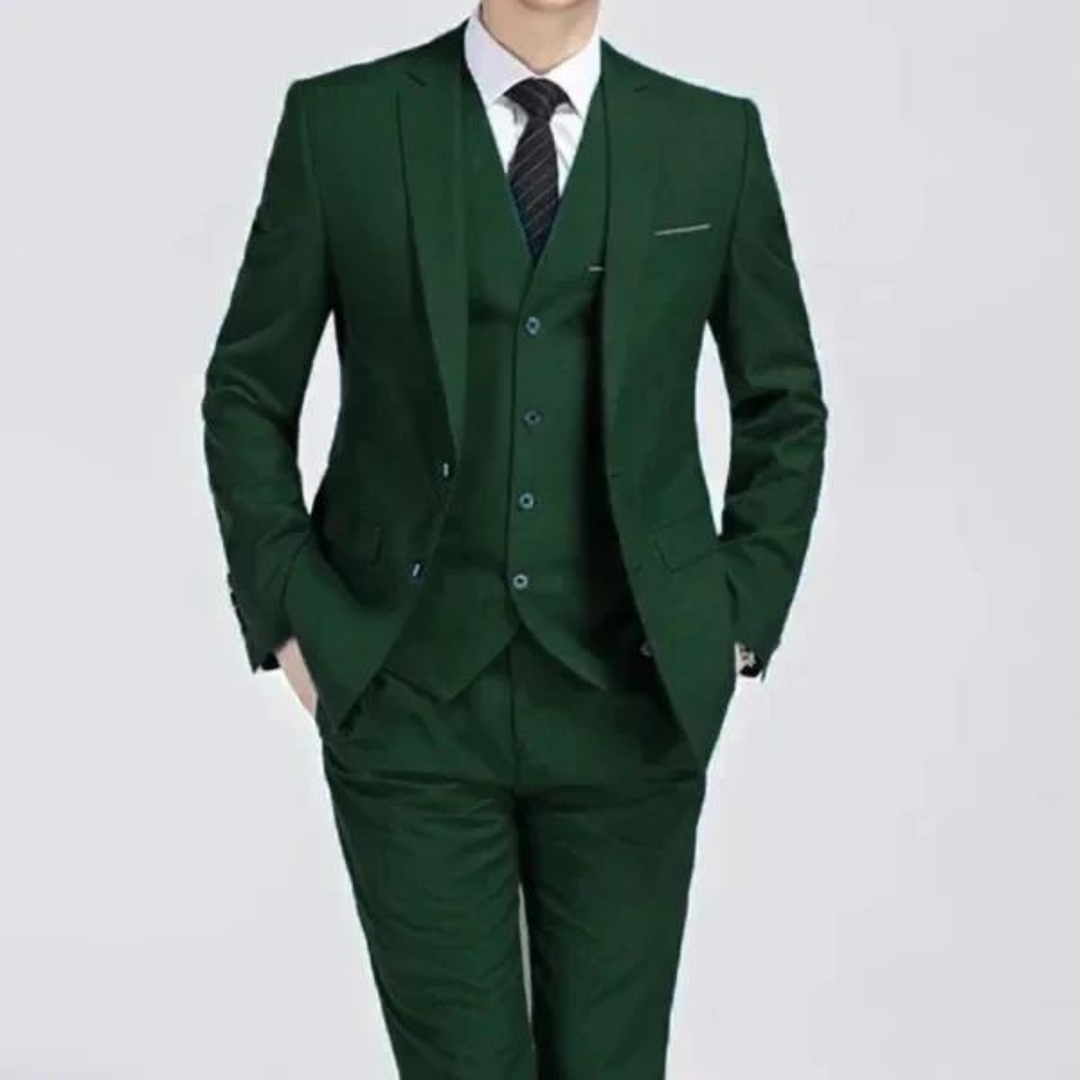 Classic men's formal wear: three-piece suit with a complementary waistcoat.