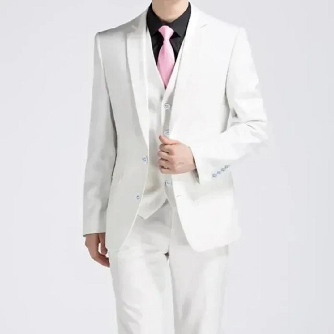 Men's business attire: sophisticated three-piece suit with modern waistcoat.