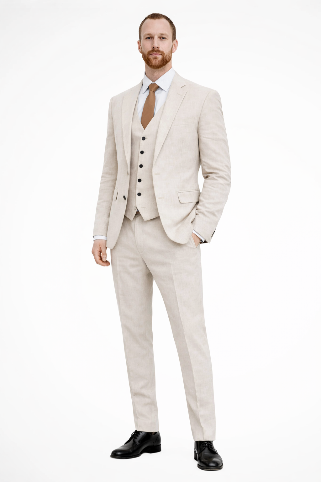 Sharp navy men's formal wear set with tailored fit blazer, trousers, and waistcoat.