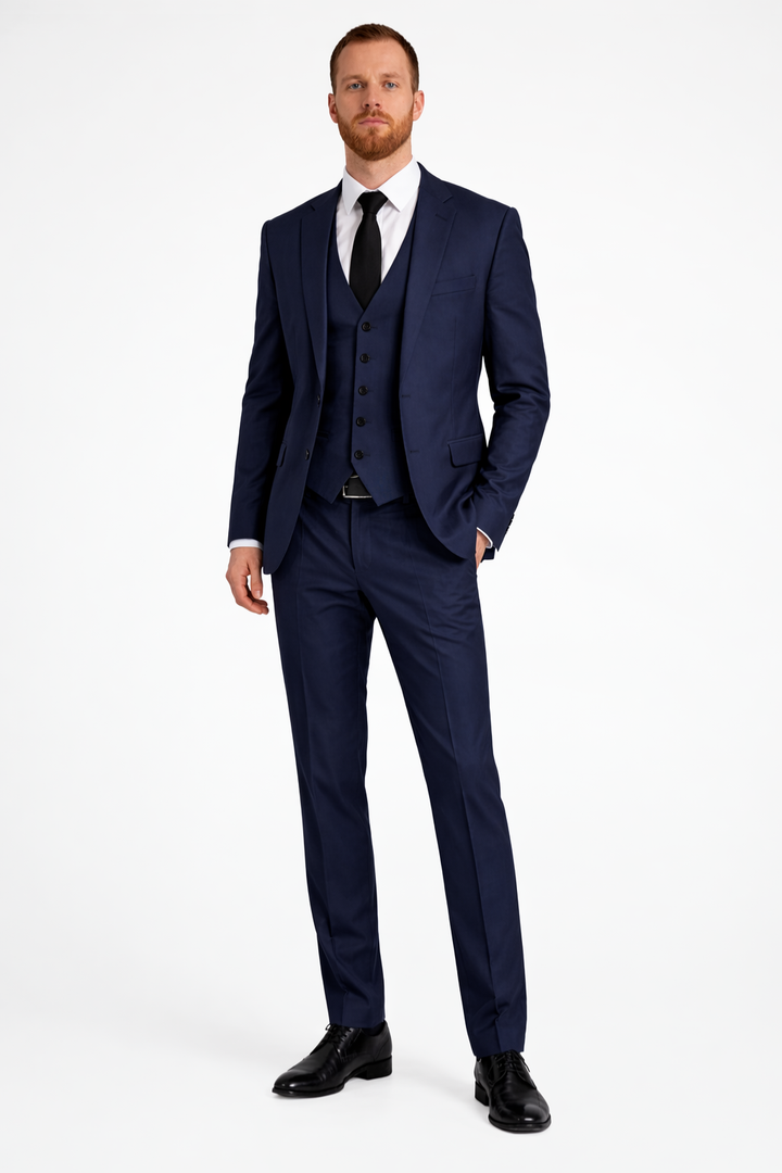 Men's navy waistcoat from a three-piece formal wear suit for events.