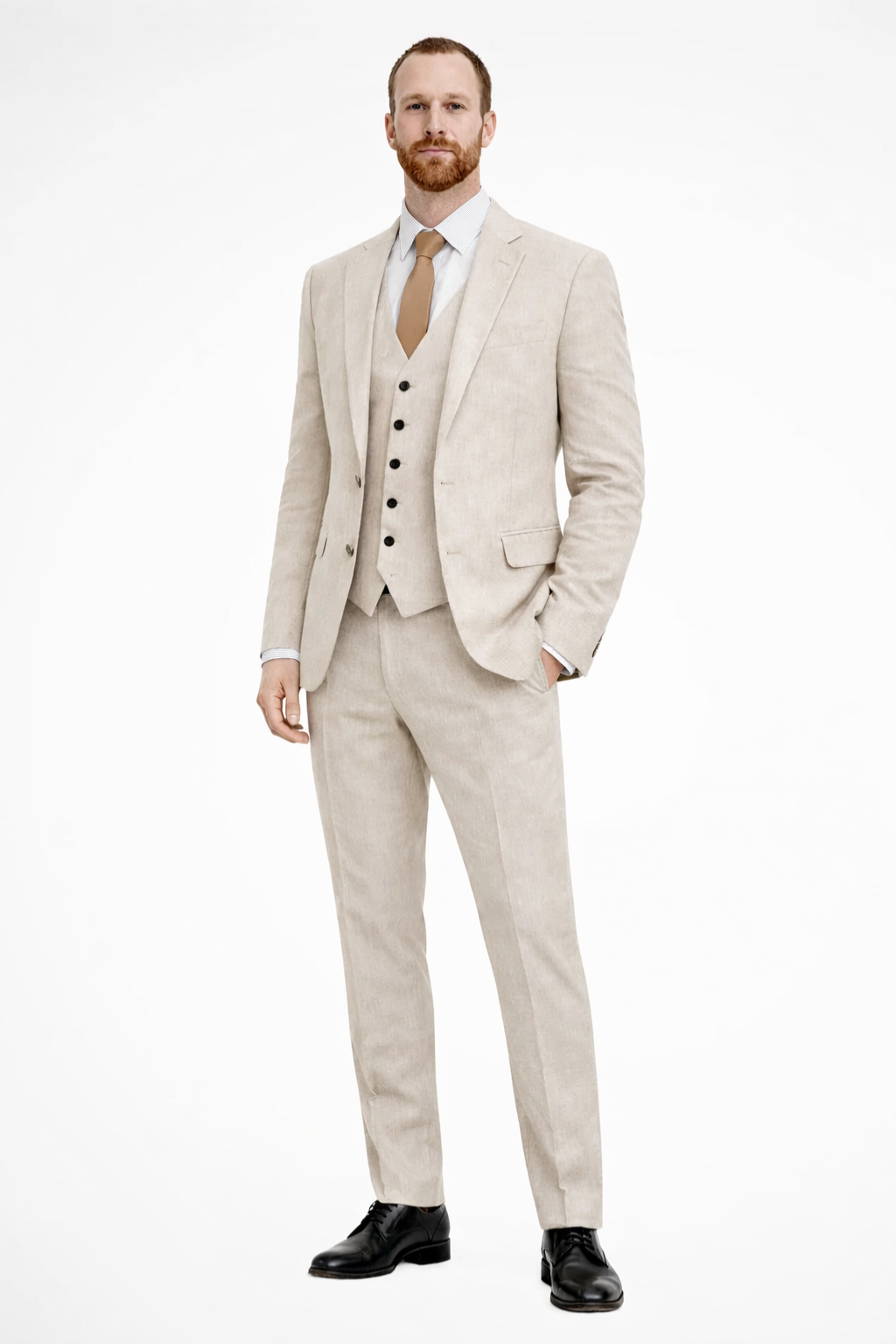 Stylish navy men's three-piece suit ensemble for formal event dressing.