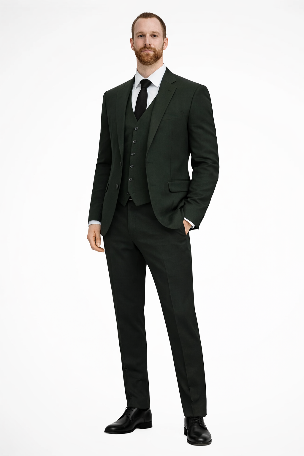 Men's formal navy suit set: blazer, waistcoat, and trousers for a sophisticated look.