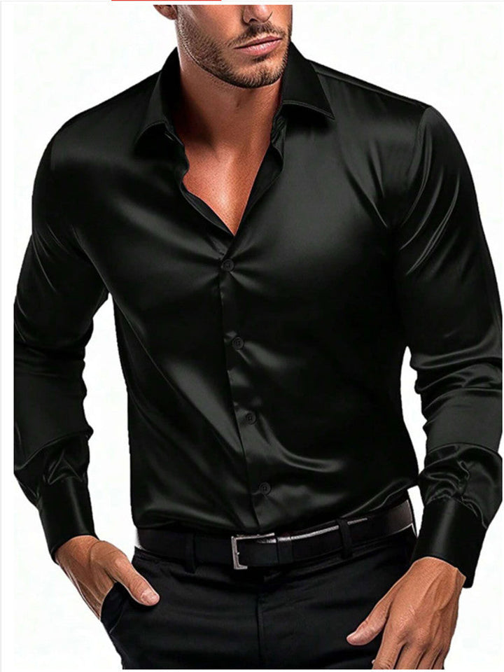 Model wearing a comfortable men's business casual shirt, showing its relaxed fit.