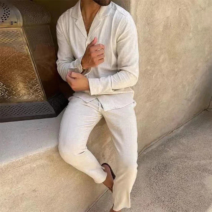 Comfortable men's long sleeve and fitted trouser loungewear set. Perfect for relaxing summer fashion.